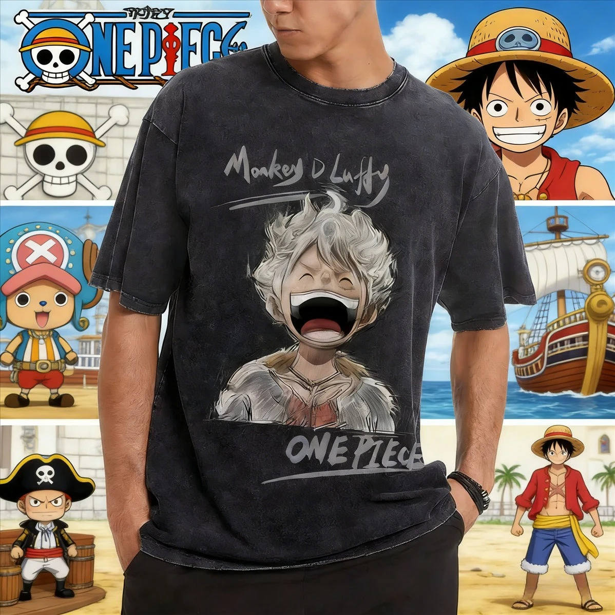 ONE PIECE Ruffy Nika Laughs Elements Washed Short Sleeves Retro Street Style Old Anime Peripheral T-Shirt Herren- und Damenoberteile