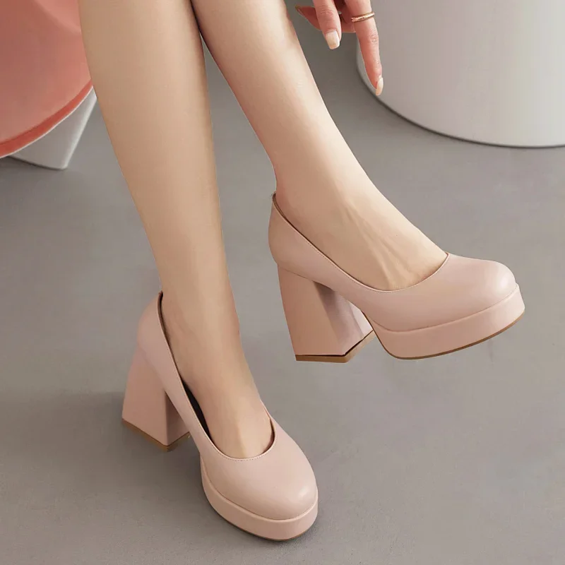 

2025 Concise Casual Child Pumps Block Thick High Heels Platform Pink White Black School Party Shoes for Girls 7 9 10 12 14 16 18