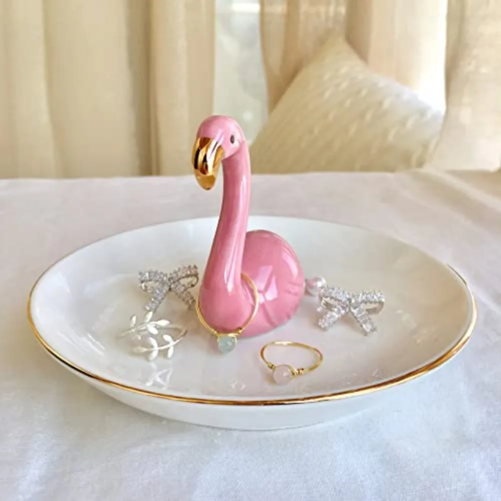Flamingo Ring Dish Jewelry Tray Ceramic Trinket Holder for Rings Earrings Bracelets Necklace Decorative Storage Plate for Vanity