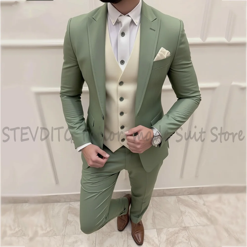 

Sage Green Men Suit Set 3Piece Slim Fit Notch Lapel Formal Wedding Groom Suit Jacket Cream Vest Pants Business Casual Costume