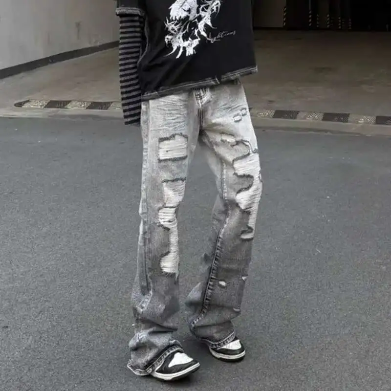 HKSH 2025 Spring New Men Tide Punk Denim Pants White Grey Gypsum Washed Holes High Street Chic Elegant Handsome Ins Jeans HK4560