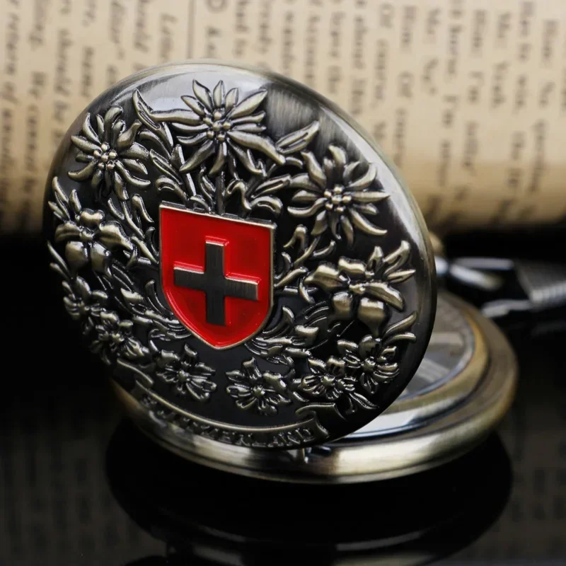 Engraved Exquisite Switzerland Red cross Hollow Hand Wind Mechanical Pocket Watch Men's and Women Bronze Tone for Birthday Gift