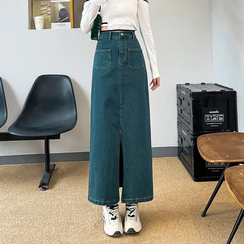 

GUUZYUVIZ Square Pocket Retro Straight Denim Skirt Women's Split High Waist Slim Wrap Hip Loose