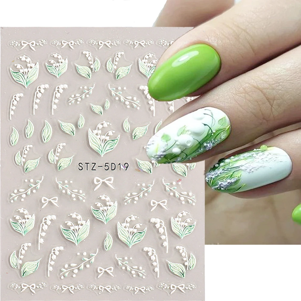 5D Lily Of The Valley Nail Stickers Grass Leaves Flower Branch Plant Design Nails Green Art Manicure Decal Decoration NLSTZ-5D19