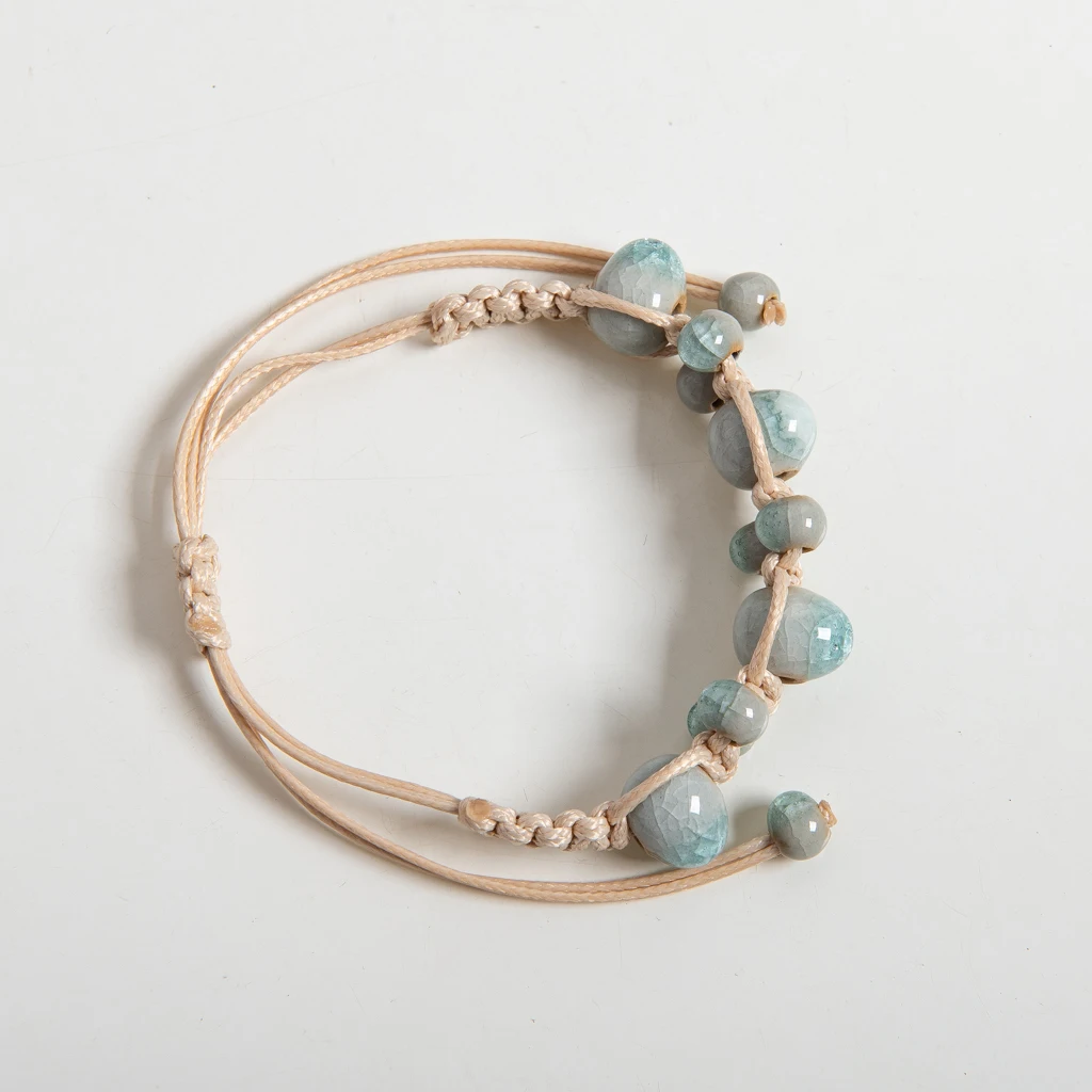 Light Blue Ceramic Handmade Bracelet Adjustable Macrame Rope Minimalist Drop Beads Jewelry S03-112