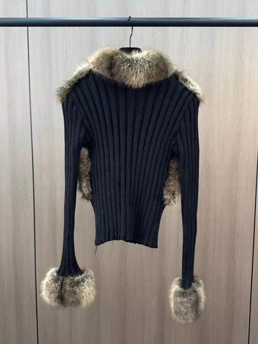 VGH Colorblock Knitwear For Women V Neck Long Sleeve Slimming Spliced Fur Design Luxury Sweater Cardigan Female Autumn Clothing