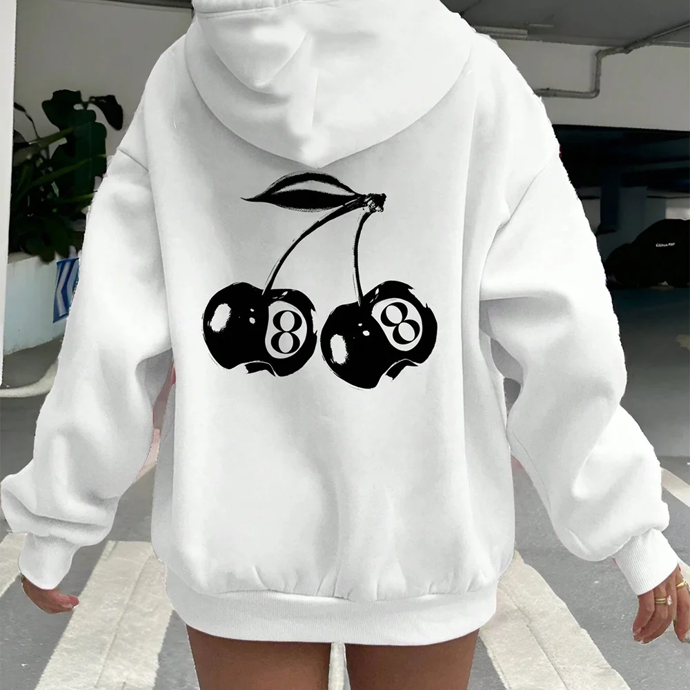 Cherry Print Long-Sleeved Sweater Women Spring Autumn Drawstring Hoodie Casual Vintage Ladies Basic Wear Hooded Tracksuit Tops