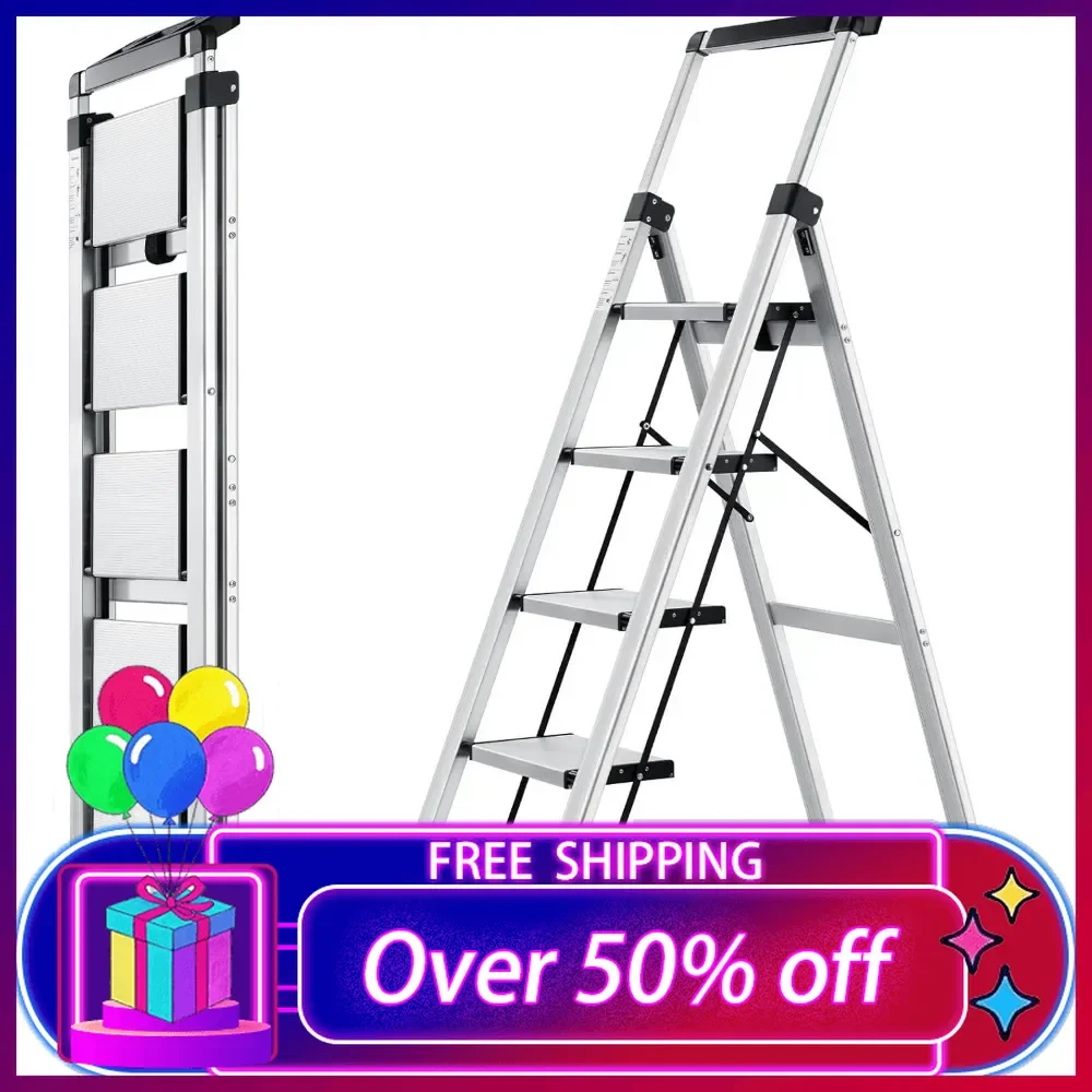 

5 Step Folding Ladder, Retractable Handgrip Folding Step Stool with Anti-Slip Wide Pedal,Aluminum Stool Ladders 5 Steps for home