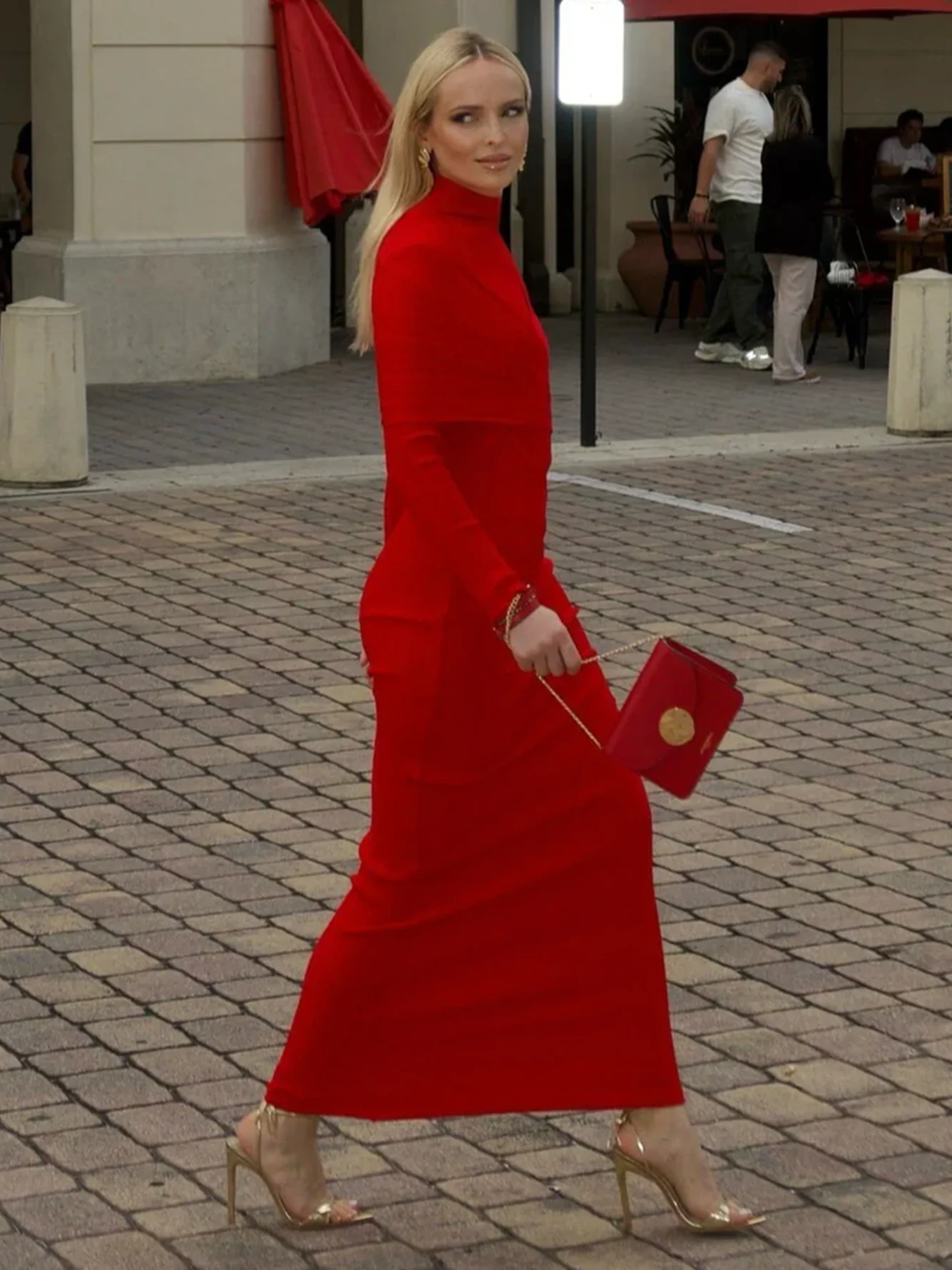 عالية الجودة المرأة الأحمر ضمادة فستان طويل مثير عالية الرقبة شال نمط طويل الأكمام مطوي المشاهير نادي فستان الحفلات Vestidos #4