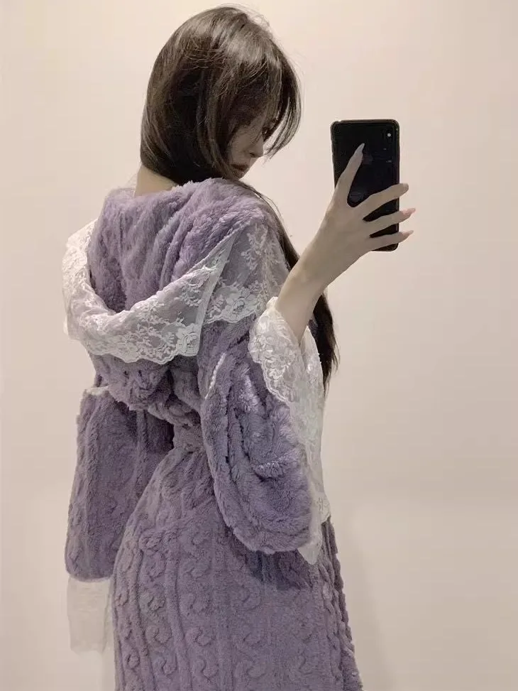 Sexy Pure Desire Spicy Girl Tie V-neck Lazy Robe Coat Unique Astonishing Thick Velvet Home Clothes Can Be Worn outside