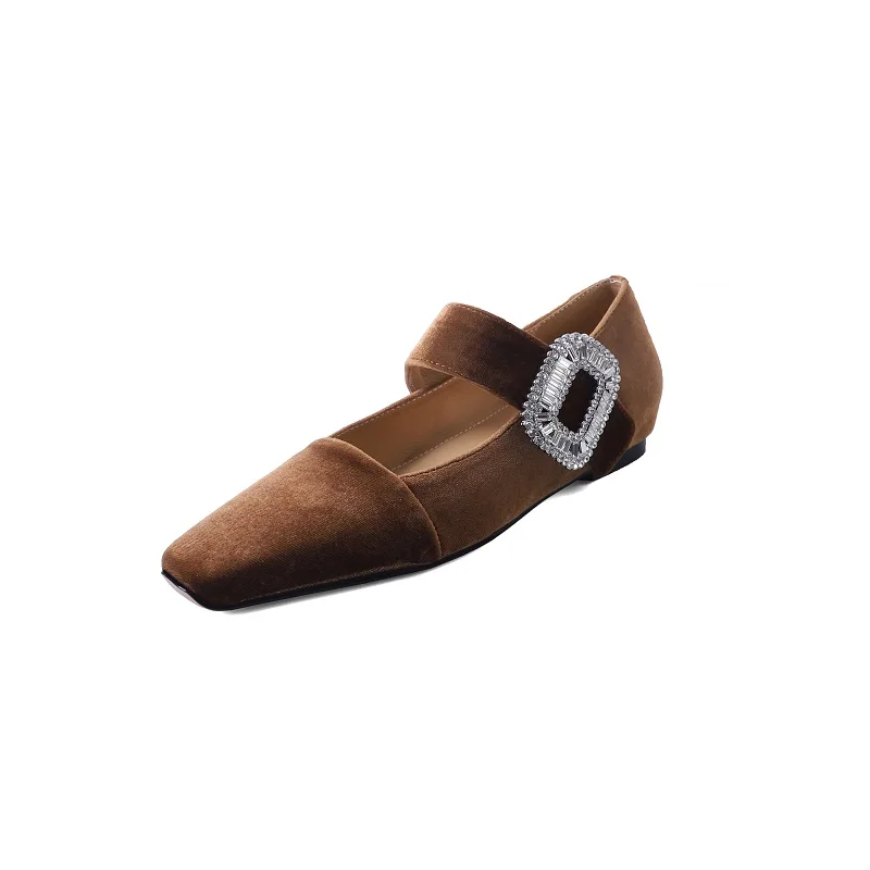 

Women Shoes Vintage Flats Mary Jane Shoes Square Toe Velvet Soft Flats Low Heel Woman New Spring Autumn Crystals Single Shoes