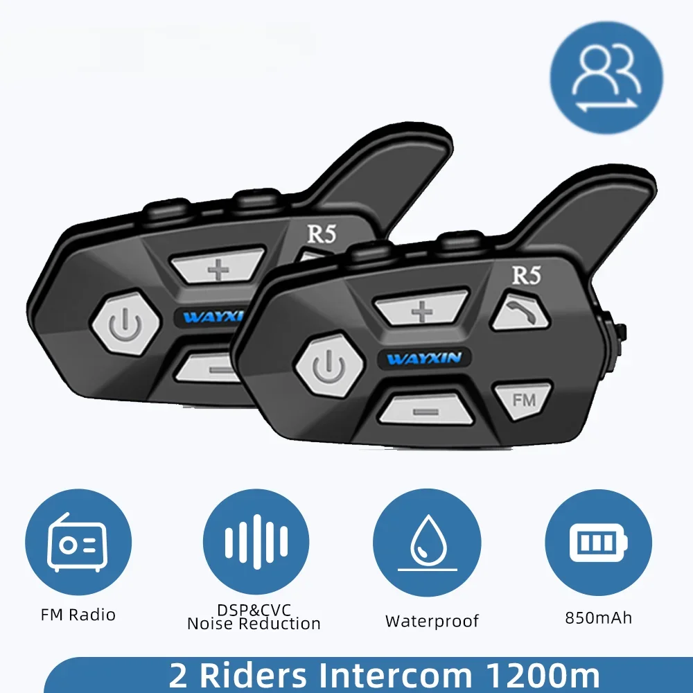 WAYXIN R5 Motorcycle Intercom Helmet Headsets BT5.0, FM Radio, Waterproof Communication Interphone for 2 Riders