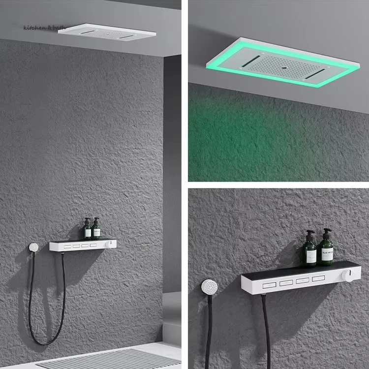 Modern  Grey Ceiling-Mounted Shower Head LED Light Single Handle Rain Pause Spray Patterns Bathroom Wall-Mounted Shower Set