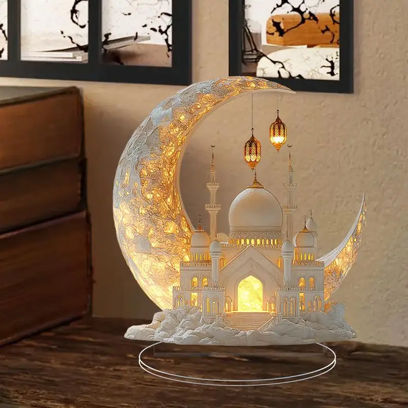 2D Acrylic Crescent Castle Ornament Ramadan Festival Decoration Eid Al-Fitr Mubarak Islamic Table Sign Home Party Events Decor