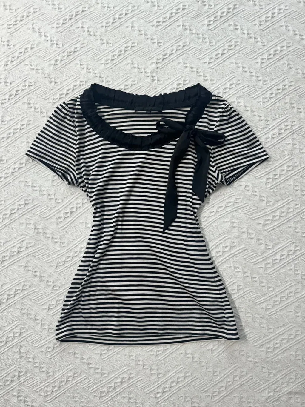 

Футболки в эстетическую полоску с бантом, укороченный топ Y2k для девочек 2000-х годов, Harajuku, японская милая одежда, футболка с короткими рукавами, модная уличная одежда Gyaru