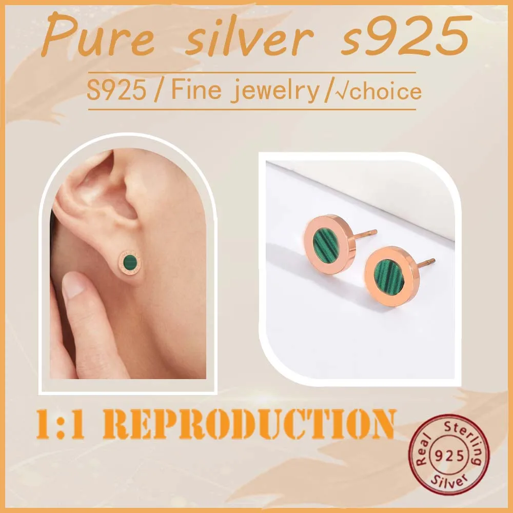 Fashionable and simple sterling silver s925 round green shell stud earrings BV style personalized women\'s stud earrings