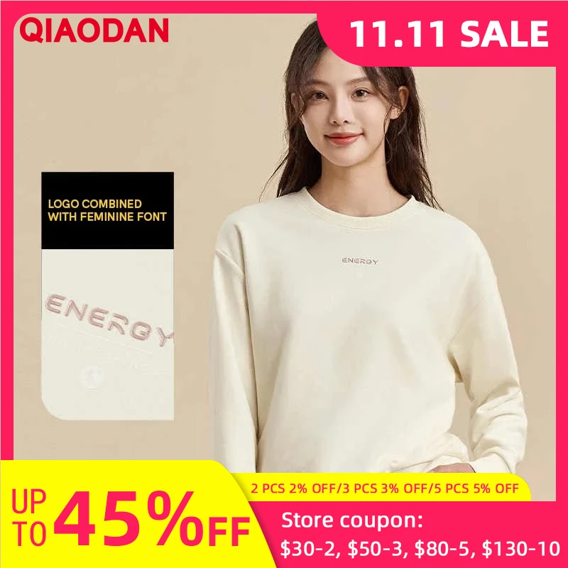 

QIAODAN повседневный спортивный свитшот женский 232, осенний новый модный однотонный бархатный теплый вязаный пуловер с круглым вырезом, топ XWD32241314B