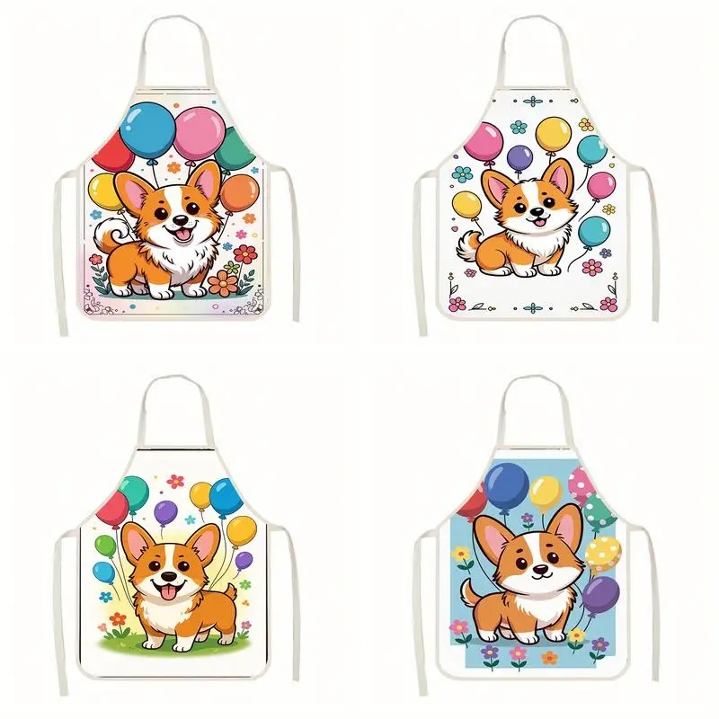 

Cute Corgi With Balloons Linen Apron, Suitable For Kitchen Cooking, Parent-Child Interaction, Painting And Other Scenarios
