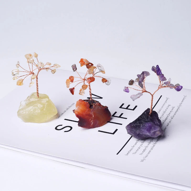 Mini Natural Gemstone Crystal Lucky Tree Base Home Office Desk Living Room Decor