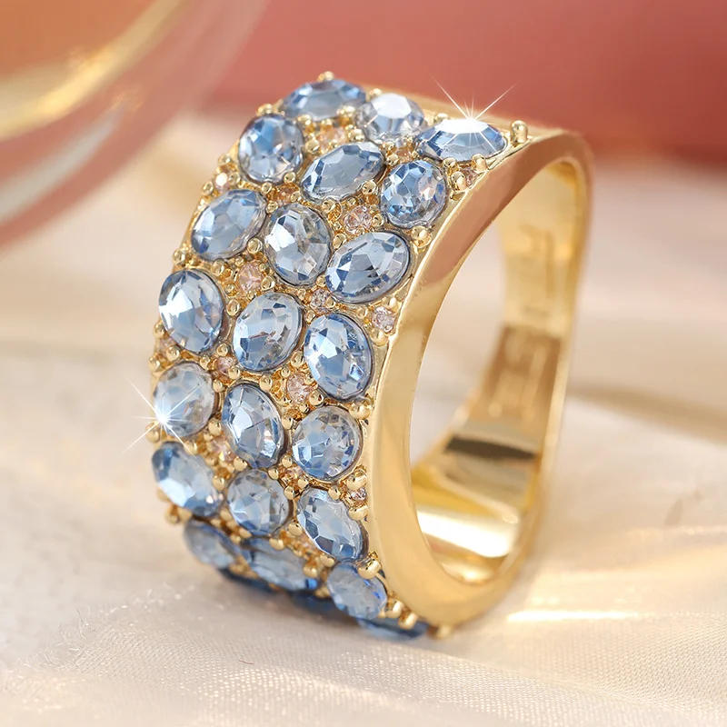 Ladies' Fresh Ocean Style Wide Face Ring With Blue Synthetic Zircon Full Set Elegant And Exquisite Ring Temperament Jewelry