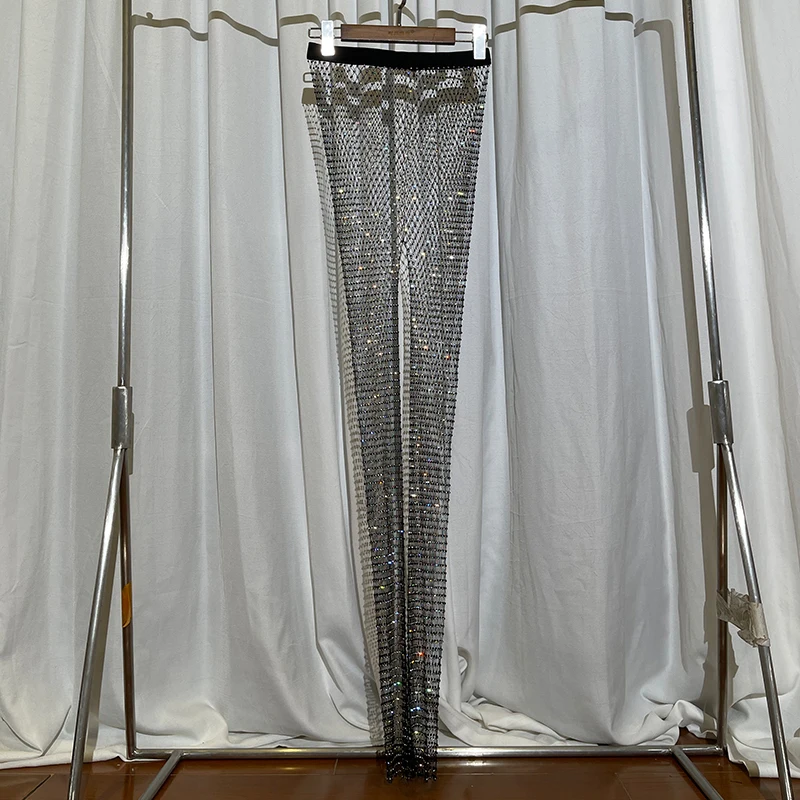 H80&S90 New Crystal Diamond Shiny Women Pants Fashion Hollow Out Mesh Wide Leg Trousers Sexy And Club See Through Beachwear
