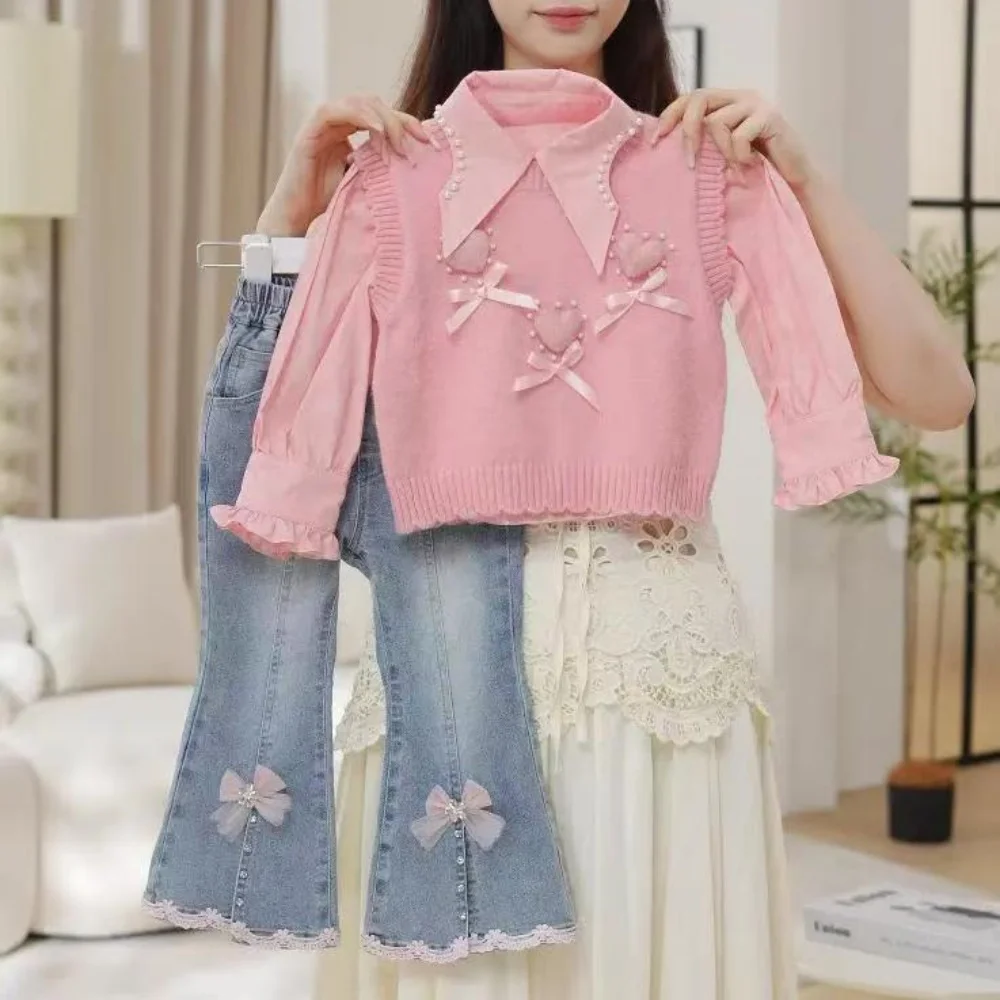 New 2026 Spring/Autumn Children's Vest Knit Shirts Denim Pants Trendy Girls Three-Piece Set