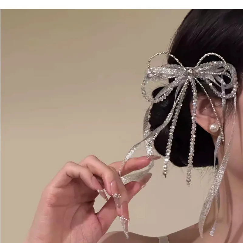 [Luochuan Girl] Flash Zirconium Bow Ribbon Hairpin Light Luxury Advanced Sense Side Clip Hairpin