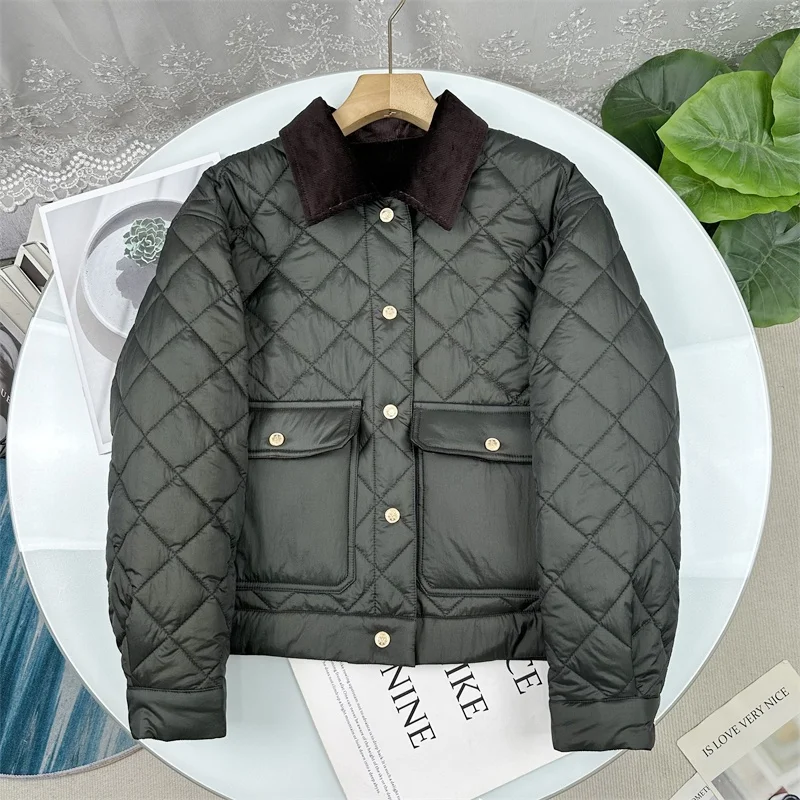 

Теплая хлопковая куртка в повседневном стиле с вельветовым воротником и ромбовидным узором, новинка осенней коллекции, женская модная верхняя одежда