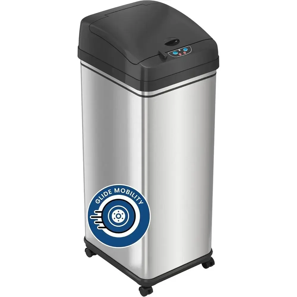 13 Gallon Stainless Steel Trash Can with Locking Lid, Odor Filter, and Wheels - Battery or AC Powered