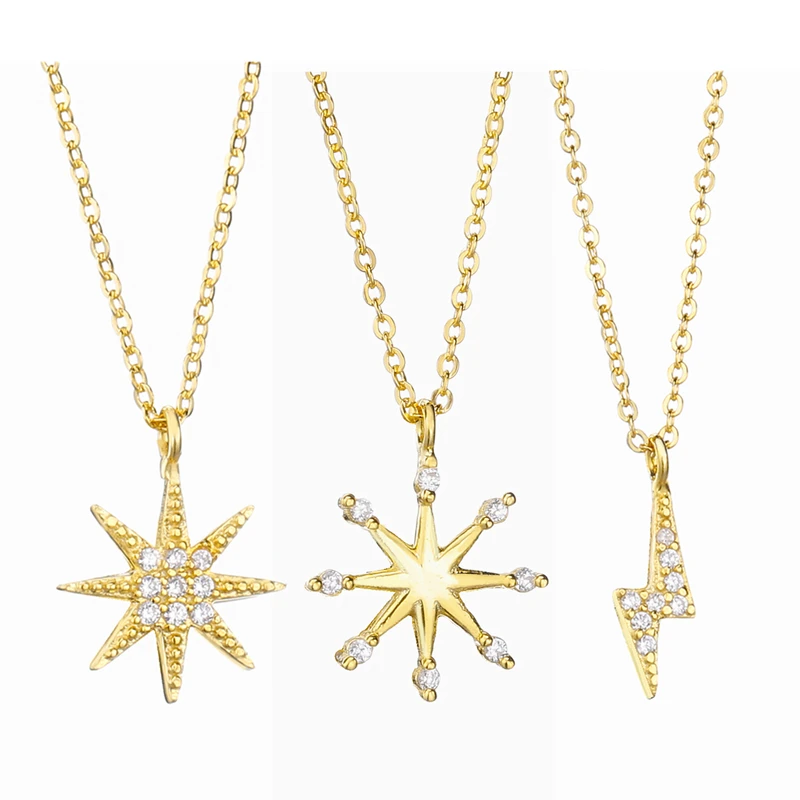 

925 Sterling Silver North Star CZ Pendant Necklace Star Starburst CZ Pendant Bolt Lightning CZ Pendant Necklaces 18K Gold Plated