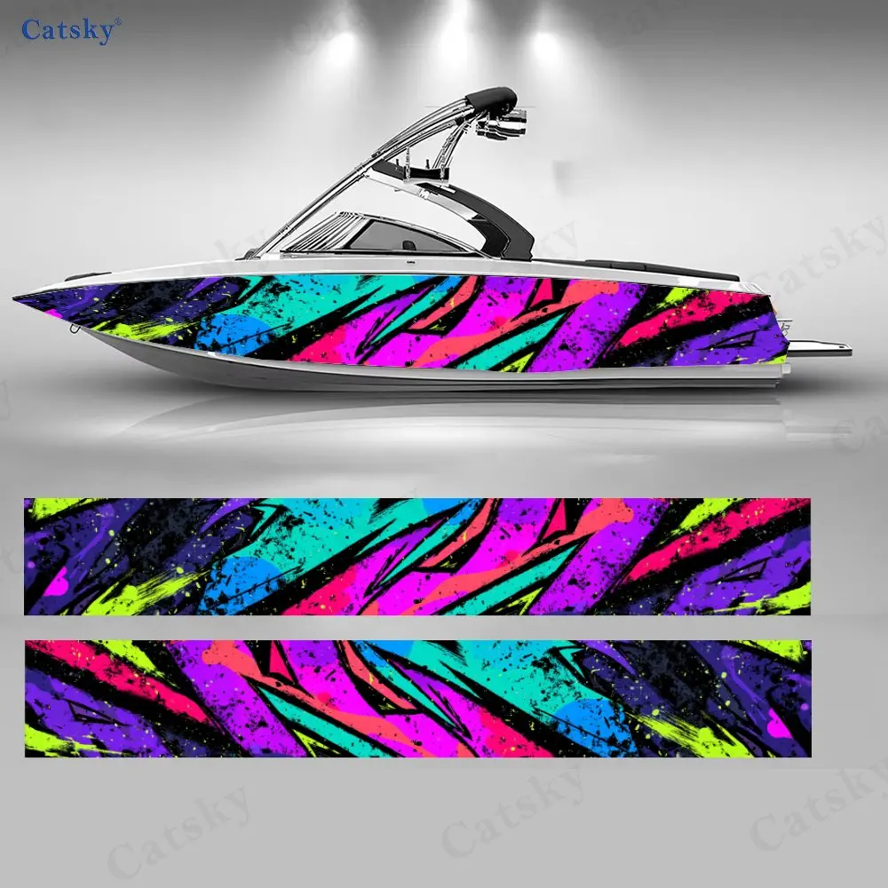 Neon Color Block Boat Stickers, PVC Waterproof Durable Vinyl Wrap Decals for Fishing Boats, Durable and Stylish Design