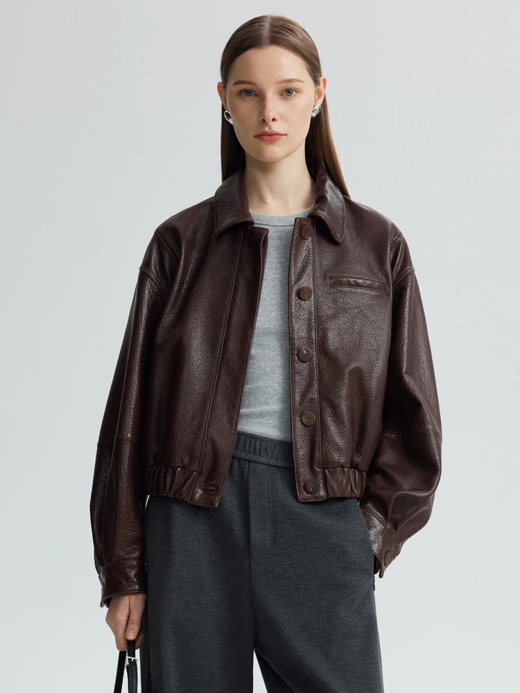 

Genuine Leather Bomber Jackets for Women Spring Autumn 2026 New High-end Retro Simple Lychee Texture Oil Wax Real Sheepskin Coat