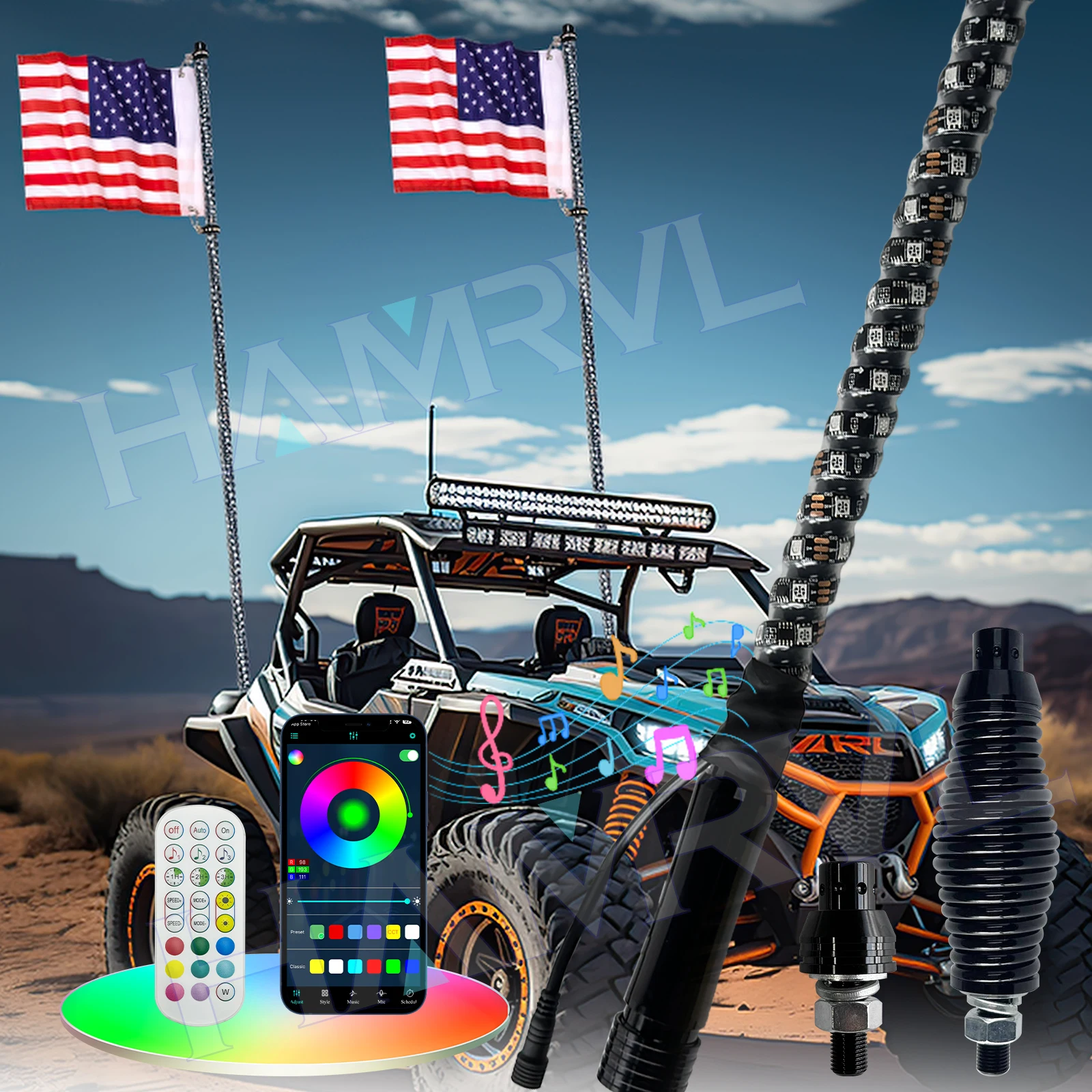 

1PCS 2FT RGB LED Whip Light - APP Remote Control Flagpole Antenna for UTV, ATV, Off-Road Trucks Sand Buggy