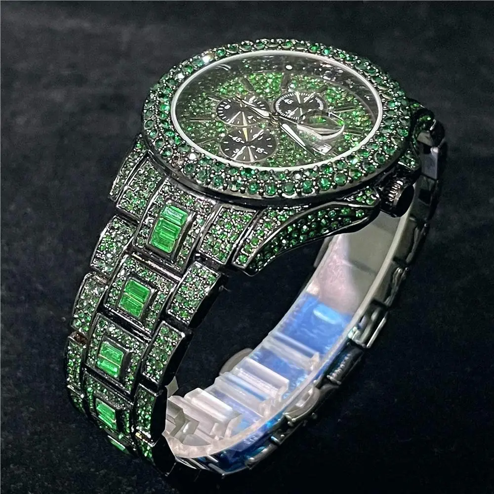 2023 New MISSFOX Fashion Green Watch For Mens Automatic Date Hip Hop Iced Diamond Waterproof Luxury Quartz Wrist Watch Man Rolej