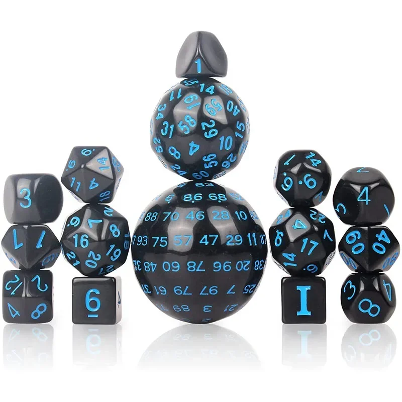15 Piece  Multiple Digit Face Opaque Black Polyhedral Dice Set for RPG D3 D4 D5 D6 D7 D8 D10 D12 D16 D20 D24 D30 D60 D100
