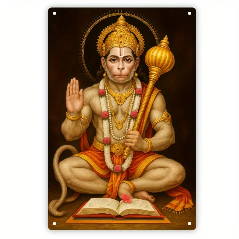 Retro Hindu Metal Wall Decoration, Saint Hanman and Prayer Book, Traditional Decoration, Decorative Wall Poster, 2D Flat