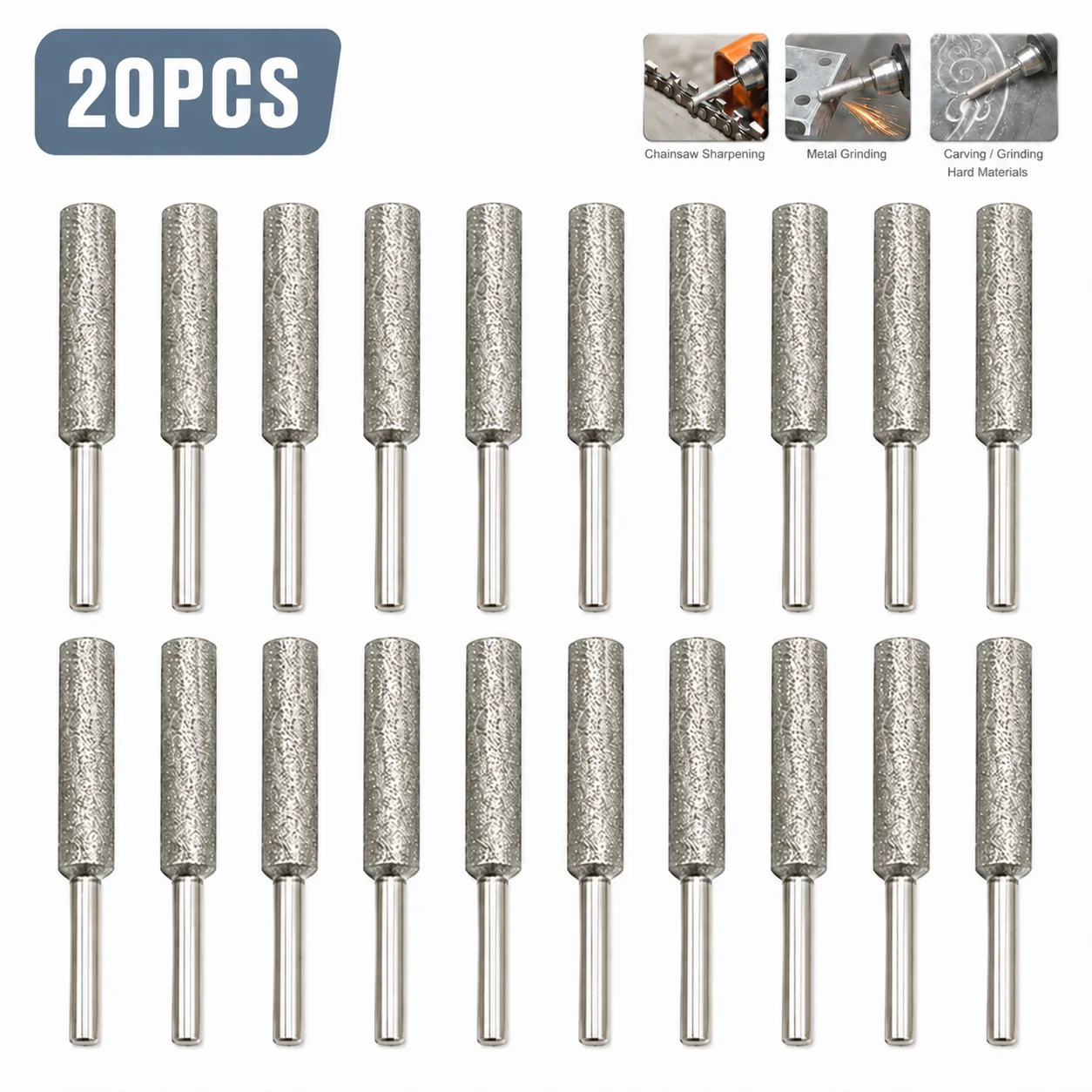 

20PCS Diamond Burr Files 4mm Cylindrical Grinding Bits Rotary Tool for Chainsaw Sharpening Carving Polishing Metal Glass Stone