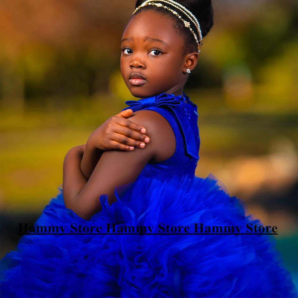 Yipeisha Royal blue Ball Gown Flower Girl Dress Round Neck Sleeveless Ruffles Tulle Birthday Party  First Communion Dresses