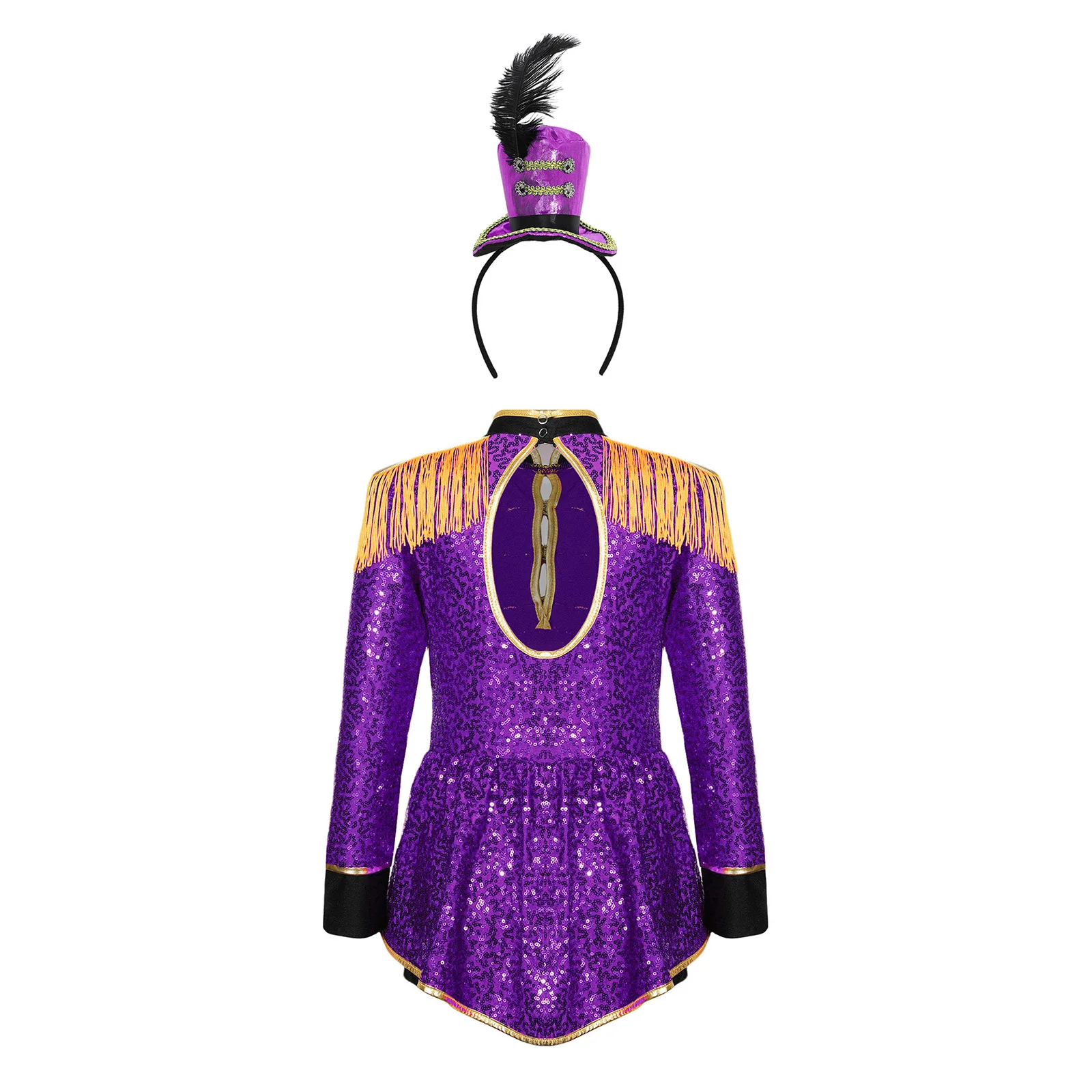 Kids Girls Circus Ringmaster Cosplay Costume Long Sleeve Sequin Bodysuit Dress with Top Hat Headband for Carnival Theme Party