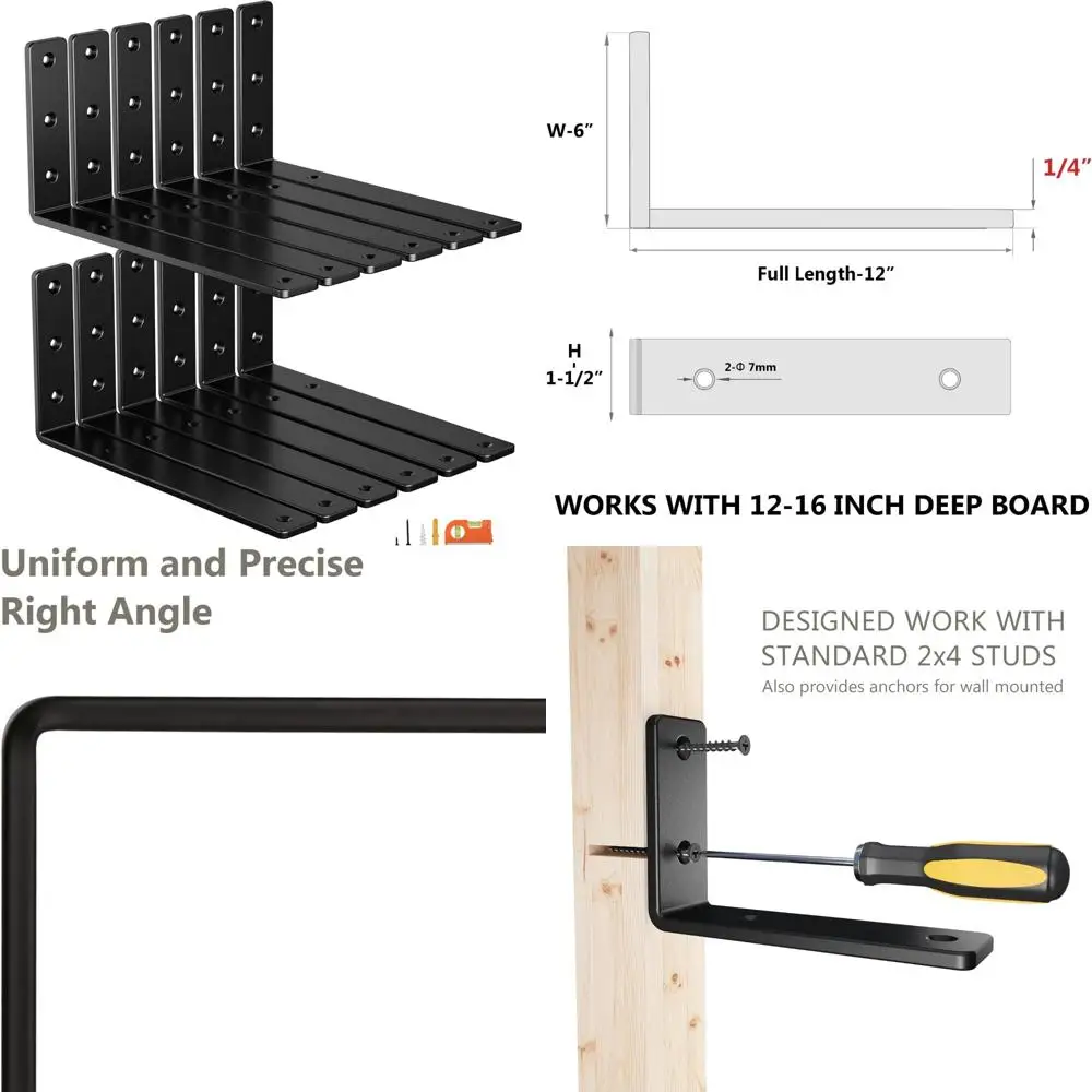 

Heavy Duty 12 Inch Shelf Brackets, Premium Wall Mount L Brackets for Kitchen and Mantel Shelves Support, Quarter Inch Thick