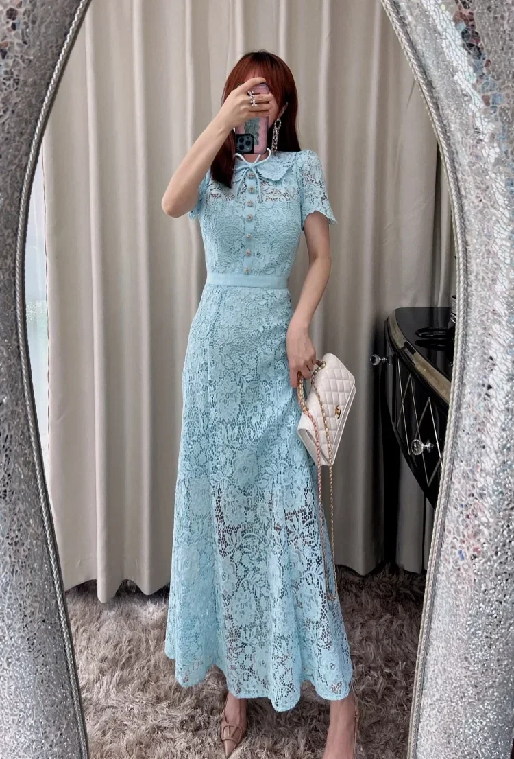 2023 autumn new women's green elegant dress short-sleeved lace hollow elegant evening birthday party maxi dress for women