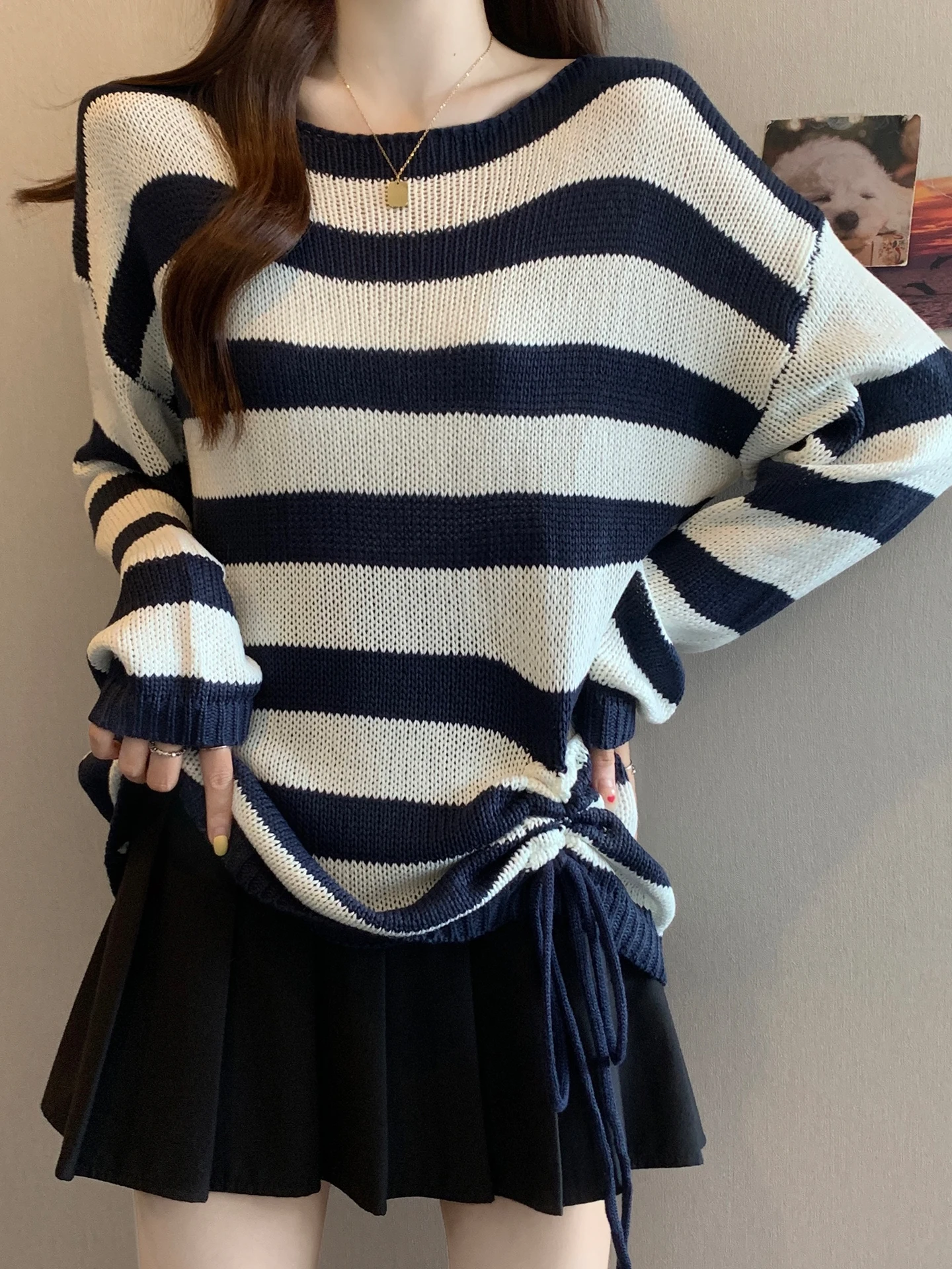 

Женский повседневный вязаный свитер оверсайз с полосатым узором и декоративной тесьмой, мягкий, удобный, осенний топ