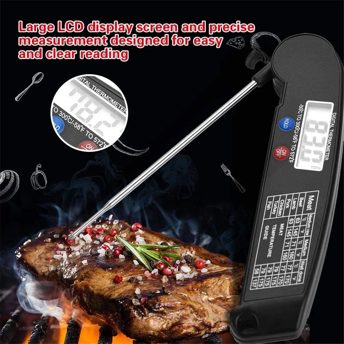 NEUES LCD-Digital-Lebensmittel-Fleischthermometer mit Klappsonde, Truthahnfisch, Rindfleisch, Küche, Kochen, Grillen, Temp-Tester