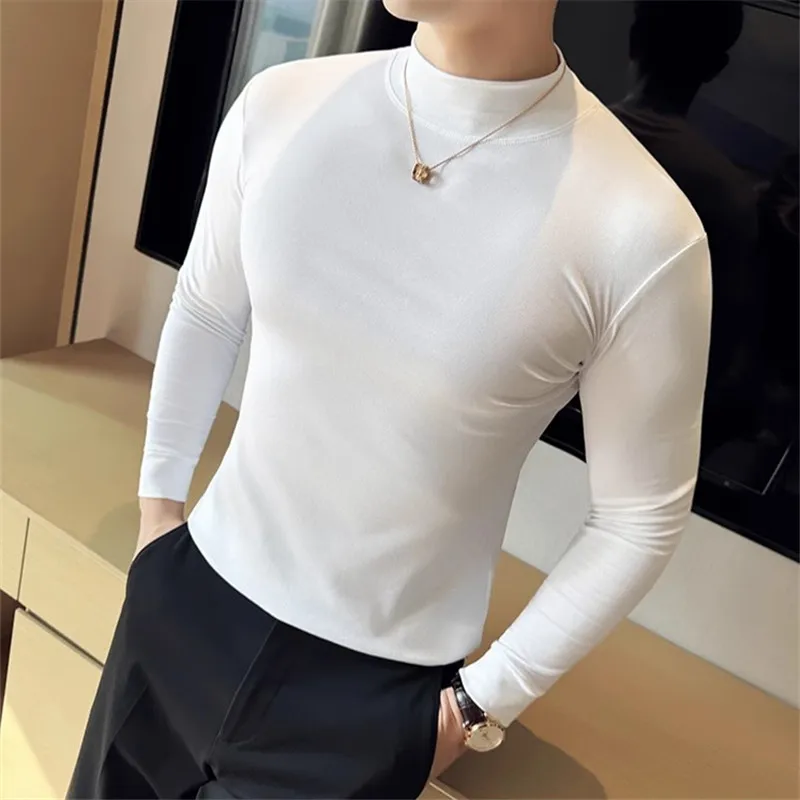 

Spring Autumn Fashion Mock Neck T-Shirt Men Long Sleeve Elastic Slim Fit Tees Tops Mens Solid Color Casual T Shirt 95% Cotton