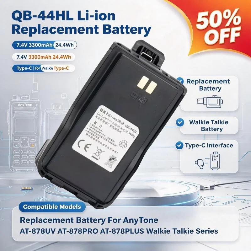 QB-44HL 7.4V 3300mAh 24.4Wh Li-ion Replacement Battery with Type-C Port for AnyTone AT-878UV AT-878PRO AT-878PLUS Walkie Talkie