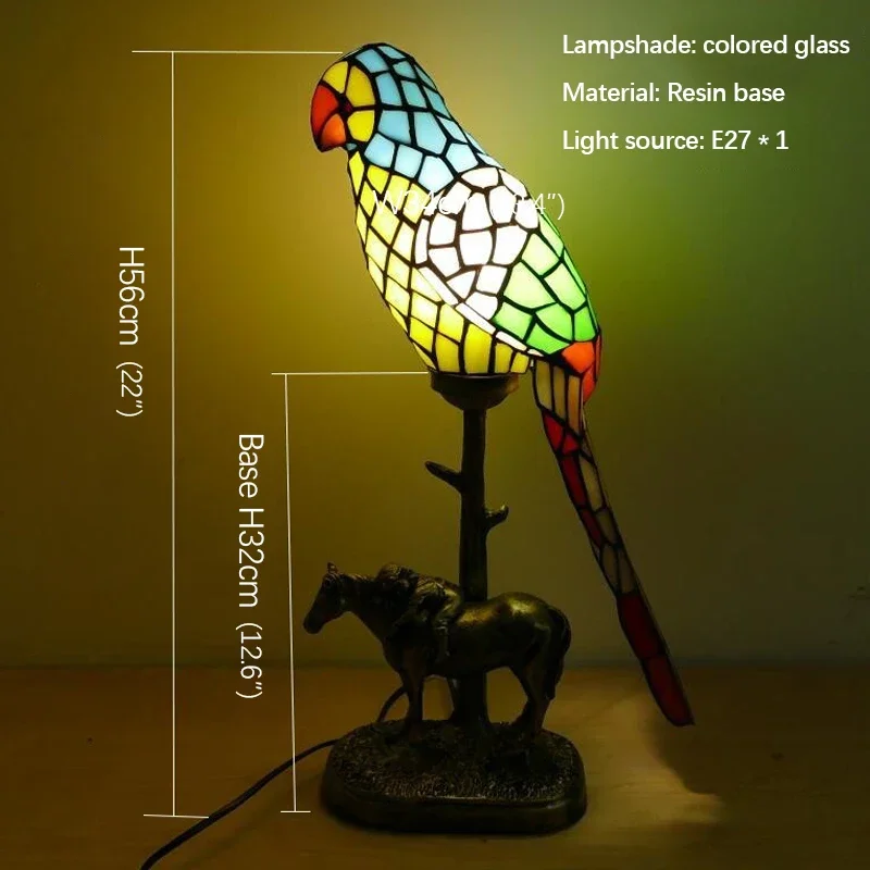 SAMAN  Tiffany parrot Table Lamp Art Living Room Bedroom Children's room Homestay Stained Glass Decoration Desk Lamp