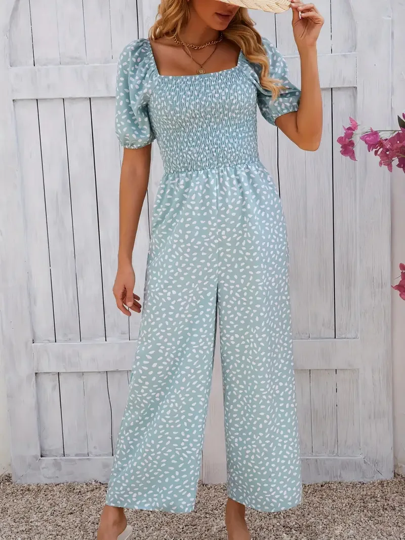 2026年夏 レディースジャンプスーツ 高級パフスリーブ ワイドレッグパンツ、バケーションスタイルの花柄プリント