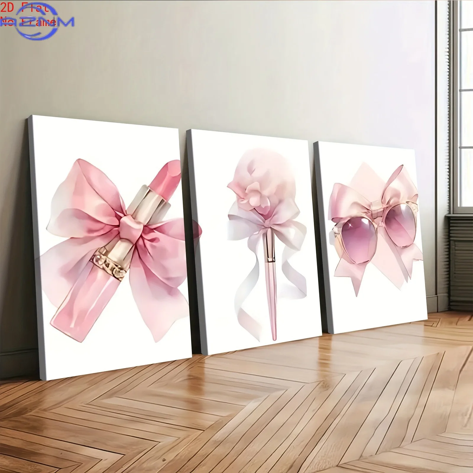 3pcs 2D Flat Pink Makeup Luxurious Bow Fashion Glasses And Lipstick Room Decor Aesthetic Posters, Ideal Gift, Room Decoration,