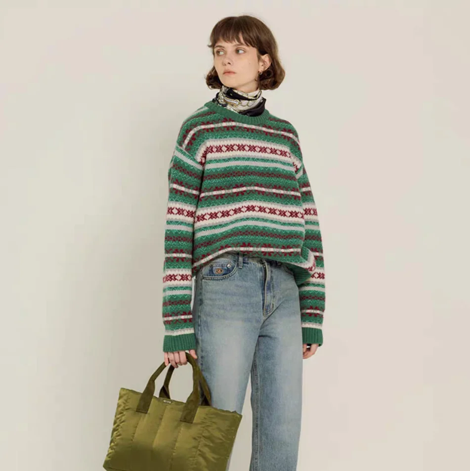 Sienne круглый вязаный свитер Ne с тяжелой вышивкой, свободный повседневный дизайн в полоску, цвет ретро, блузка, осенняя женская одежда для поездок на работу, ...