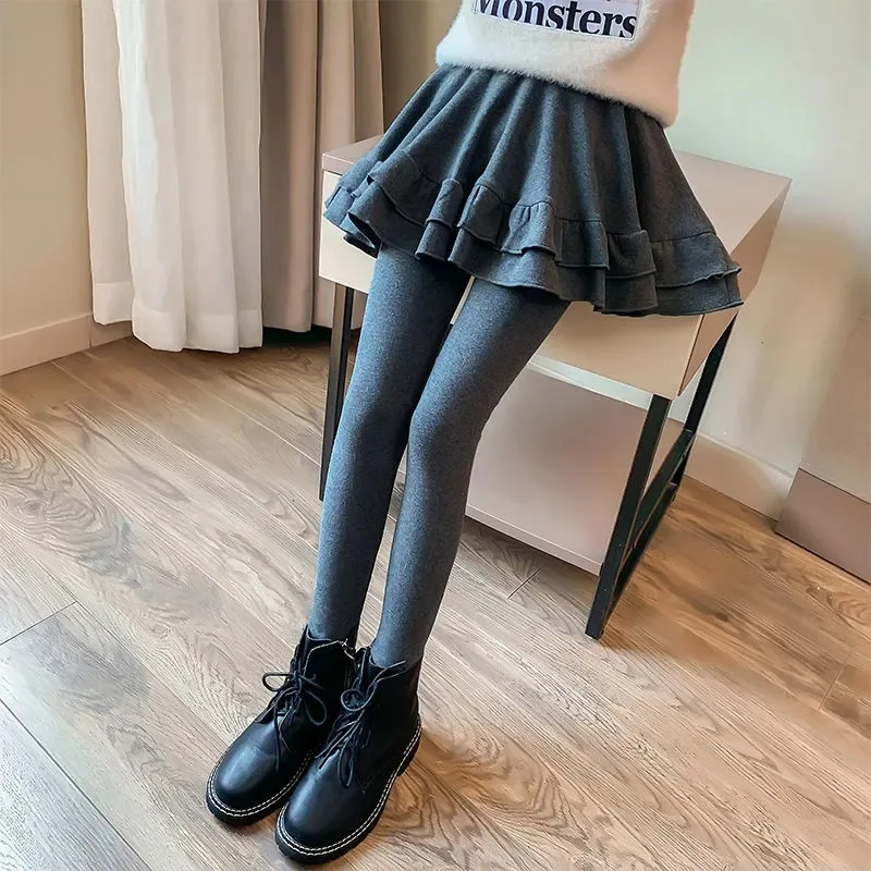 2024 Winter autumn Girls clothes Skinny culottes skirt Pants Thickened cotton Leggings teens Plus velvet tight pantihose 12 year